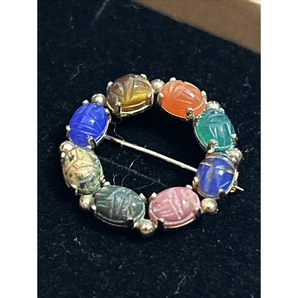 1960s Burt CASSELL Egyptian SCARAB 8‎ Gemstones Brooch 12KT Gold Filled Pin Vtg